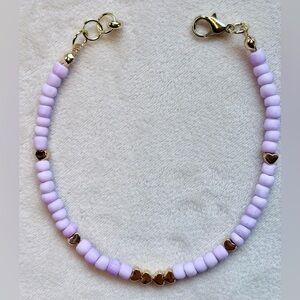 GIFT Set-Lilac beaded long necklace & bracelet.Heart charms,faceted glass ends.